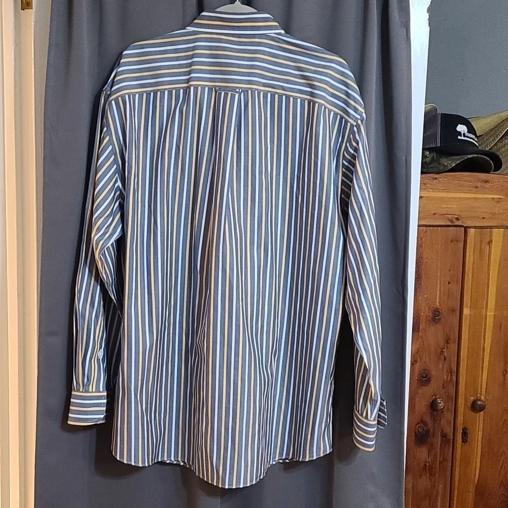 Orvis Mens Button Down Shirt Longsleeve Gray/Gold/White Striped‎ Size XL EUC
